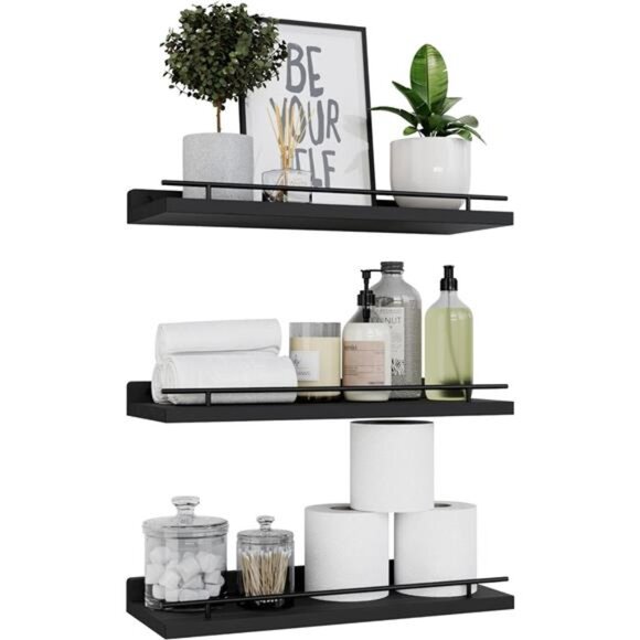 Floating Shelves with Black Metal Guardrail, Shelves for Wall Decor - Picture 1 of 7